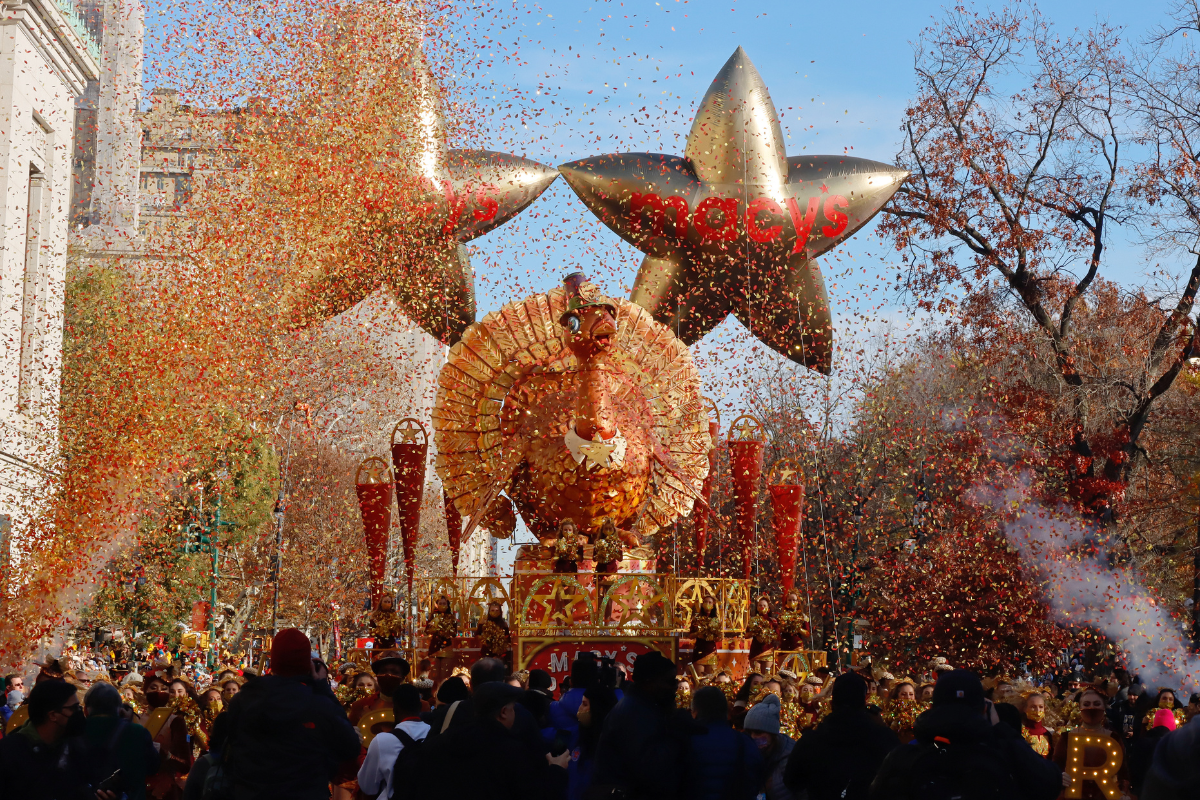 Confetti is fired in the air to start the Macy's Thanksgiving Day Parade on Central Park West on November 25, 2021 in New York City
