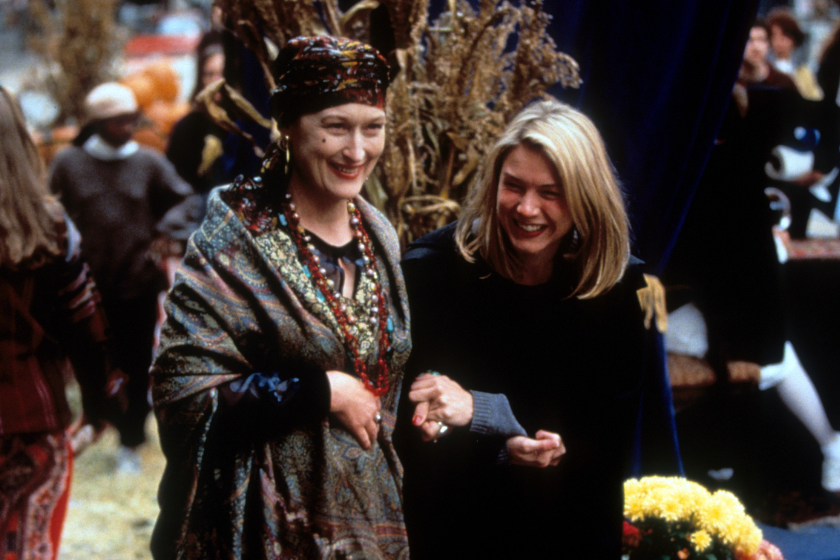 Meryl Streep and Renee Zellweger sharing smiles in a scene from the film 'One True Thing', 1998