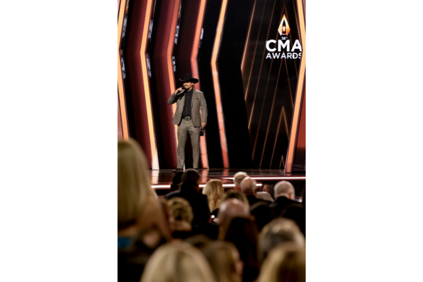  Cole Hauser speaks onstage at The 56th Annual CMA Awards at Bridgestone Arena on November 09, 2022 in Nashville, Tennessee