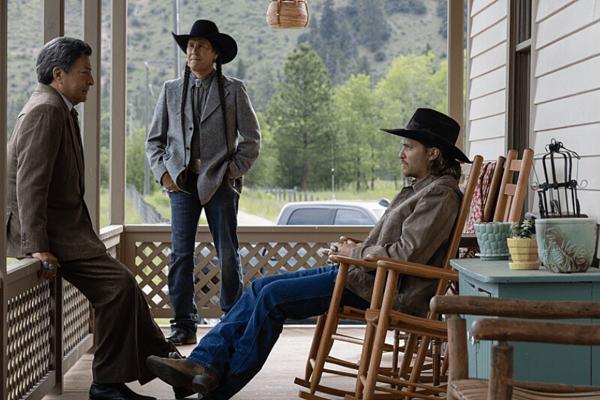 Mo Brings Plenty, Gil Birmingham, and Luke Grimes in a scene from 'Yellowstone' season 5 episode 3