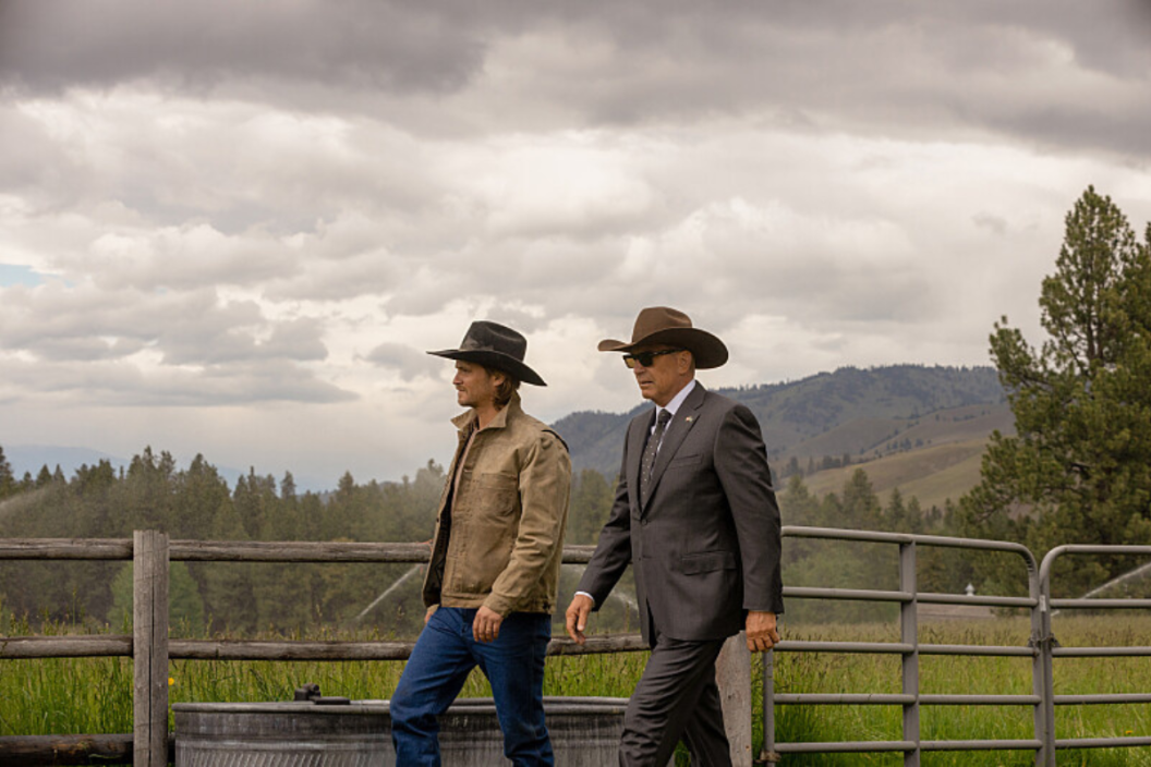Luke Grimes and Kevin Costner in scene from 'Yellowstone'