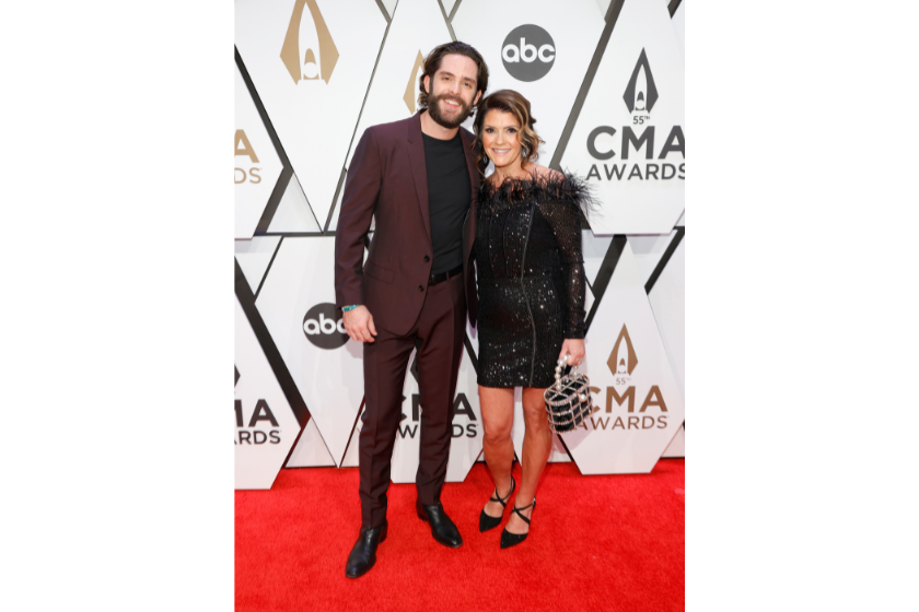 Thomas Rhett and mother Paige Braswell attend the 55th annual Country Music Association awards at the Bridgestone Arena on November 10, 2021 in Nashville, Tennessee