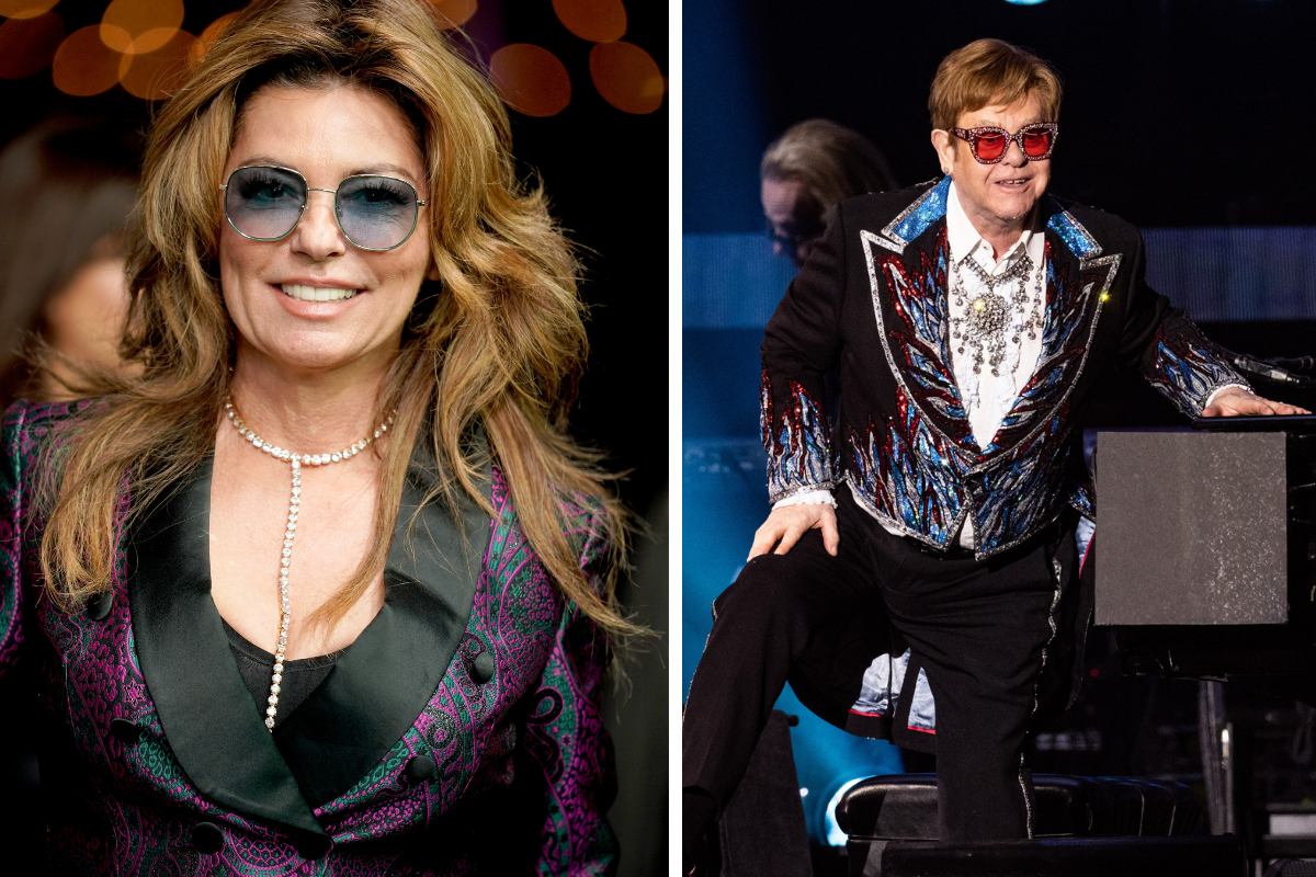 Shania Twain arrives for the Award Night Ceremony of the 18th Zurich Film Festival at Zurich Opera House on October 01, 2022 in Zurich, Switzerland./ Musician Sir Elton John performs onstage during the Farewell Yellow Brick Road tour at Dodger Stadium on November 17, 2022 in Los Angeles, California.