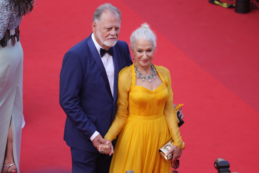 CANNES, FRANCE - JULY 06: Dame Helen Mirren with husband Taylor Hackford attend the "Annette" screening and opening ceremony during the 74th annual Cannes Film Festival on July 06, 2021 in Cannes, France.