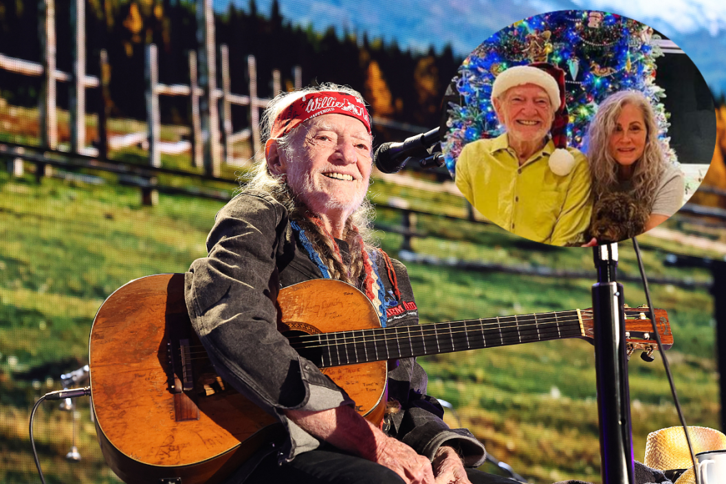 RALEIGH, NORTH CAROLINA - SEPTEMBER 24: Willie Nelson performs in concert during Farm Aid at Coastal Credit Union Music Park at Walnut Creek on September 24, 2022 in Raleigh, North Carolina and screengrab of the Nelson family's digital Christmas card