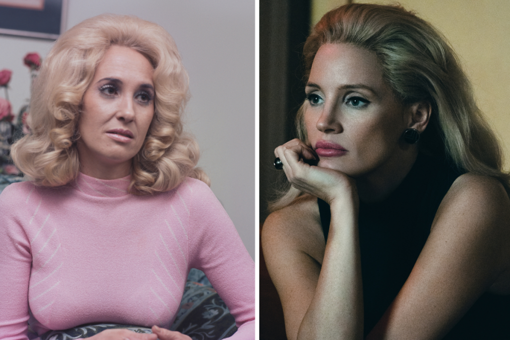 American country music singer-songwriter Tammy Wynette (1942-1998) pictured during an interview in London on 3rd April 1975. / Jessica Chastain as Tammy Wynette in George and Tammy