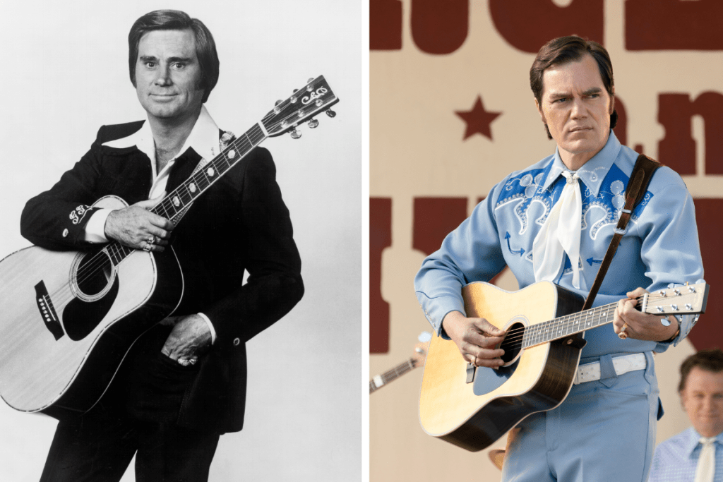 CIRCA 1976: Country singer George Jones poses for a portrait holding an acoustic guitar in circa 1976. / Michael Shannon as George Jones in "George and Tammy"