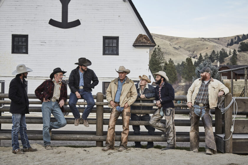 "Yellowstone" premieres Wednesday, June 20 on Paramount Network. John Dutton (center - Kevin Costner), owner of the Dutton Ranch is surrounded by his ranch team (pictured l to r) Walker (Ryan Bingham), Lloyd (Forrie Smith), Rip Wheeler (Cole Hauser), Jimmy (Jefferson White), Colby (Denim Richards) and Fred (Luke Peckinpah.