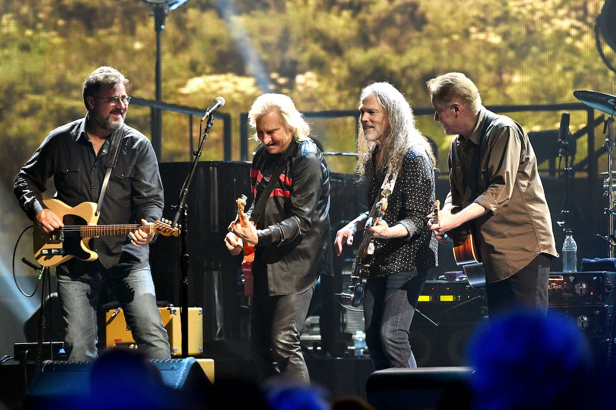 INGLEWOOD, CA - SEPTEMBER 14: (L-R) Musicians Vince Gill, Joe Walsh, Timothy B. Schmit and Don Henley of The Eagles perform onstage during 'An Evening with The Eagles' at The Forum on September 14, 2018 in Inglewood, California.