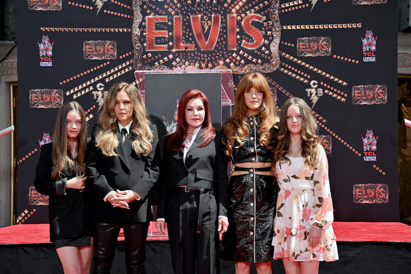 HOLLYWOOD, CALIFORNIA - JUNE 21: (L-R) Harper Vivienne Ann Lockwood, Lisa Marie Presley, Priscilla Presley, Riley Keough, and Finley Aaron Love Lockwood attend the Handprint Ceremony honoring Three Generations of Presley's at TCL Chinese Theatre on June 21, 2022 in Hollywood, California. 