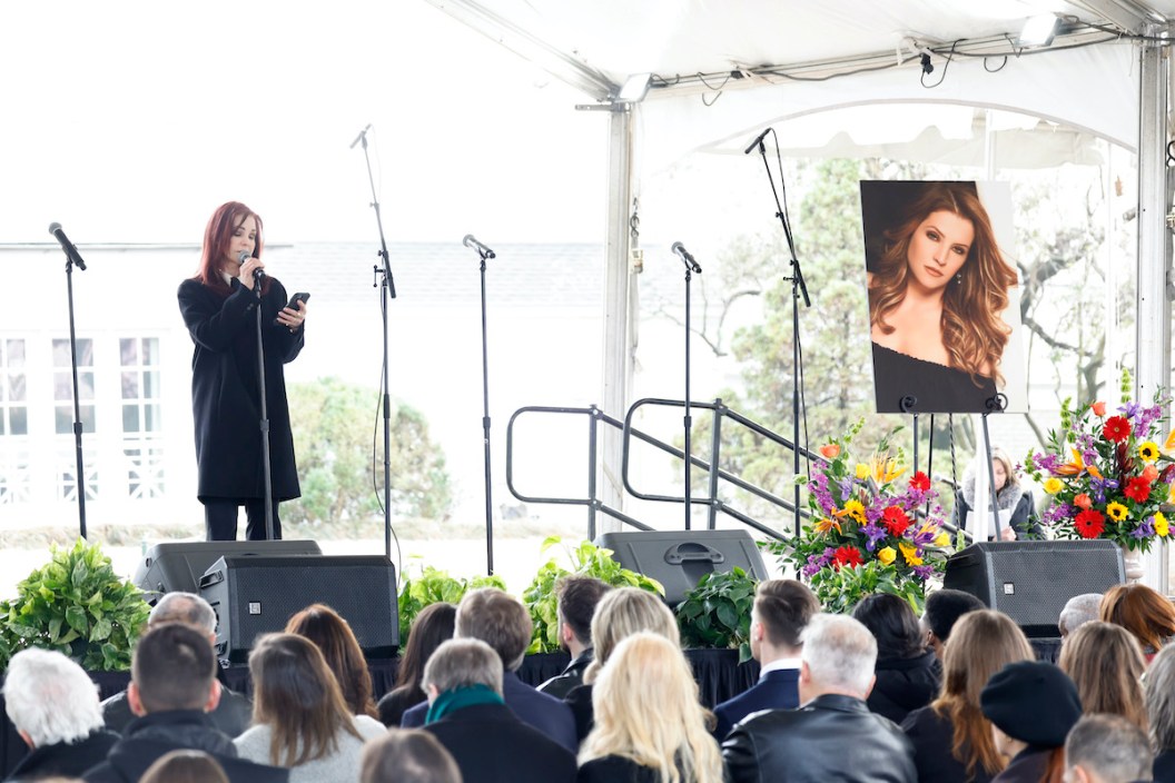 MEMPHIS, TENNESSEE - JANUARY 22: Priscilla Presley speaks at the public memorial for Lisa Marie Presley at Graceland on January 22, 2023 in Memphis, Tennessee. Presley, 54, the only child of American singer Elvis Presley, died January 12, 2023 in Los Angeles.