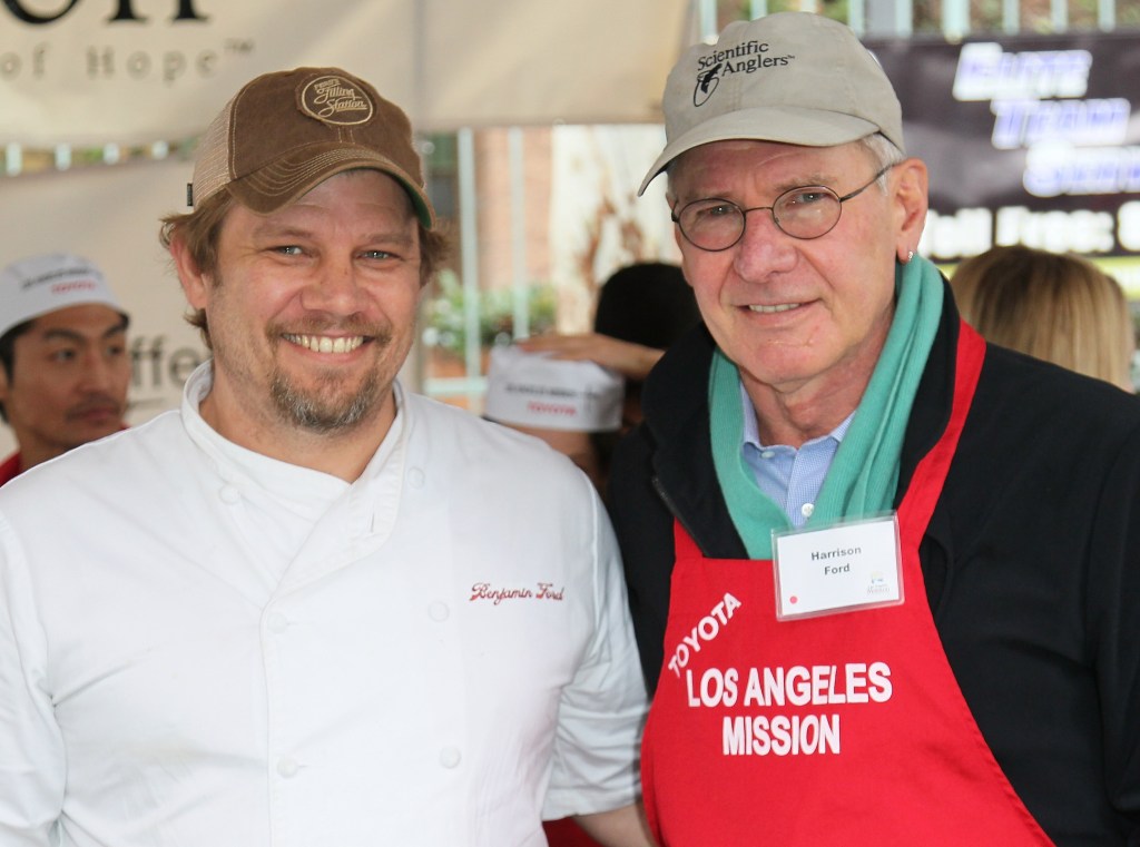 LOS ANGELES, CA - DECEMBER 24: Chef Ben Ford (L) and father actor Harrison Ford attend the Los Angeles Mission's Christmas Eve for the homeless at the Los Angeles Mission on December 24, 2012 in Los Angeles, California. 