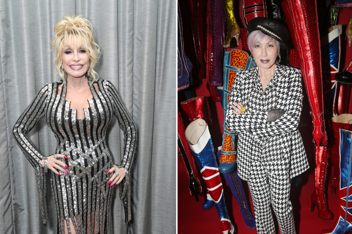 LOS ANGELES, CALIFORNIA - NOVEMBER 05: Dolly Parton attends the 37th Annual Rock & Roll Hall of Fame Induction Ceremony at Microsoft Theater on November 05, 2022 in Los Angeles, California and NEW YORK, NEW YORK - AUGUST 25: Cyndi Lauper poses at the opening night after party for "Kinky Boots" at Redeye Grill on August 25, 2022 in New York City.