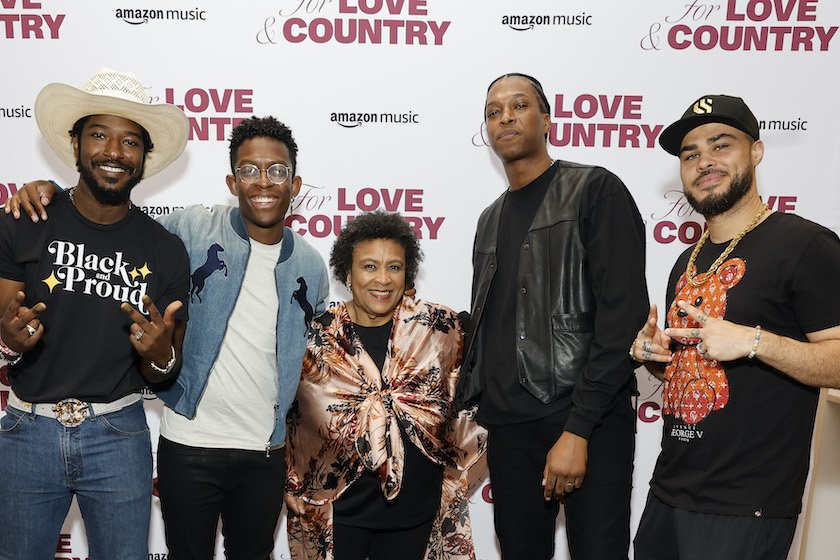 NASHVILLE, TENNESSEE - JUNE 10: (L-R) Willie Jones, Breland, Frankie Staton, Mike Floss and Shy Carter attend the Amazon Music For Love & Country CMA Fest Panel at NMAAM Roots Theater on June 10, 2022 in Nashville, Tennessee.