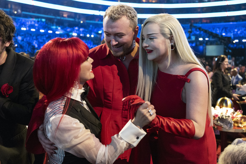 LOS ANGELES, CALIFORNIA - FEBRUARY 05: (L-R) Shania Twain, Sam Smith and Kim Petras seen during the 65th GRAMMY Awards at Crypto.com Arena on February 05, 2023 in Los Angeles, California.