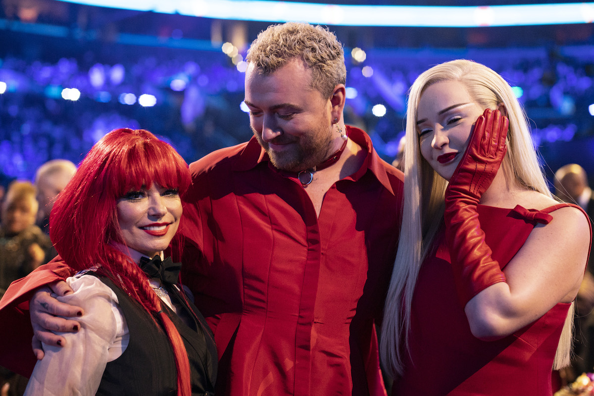 LOS ANGELES, CALIFORNIA - FEBRUARY 05: (L-R) Shania Twain, Sam Smith and Kim Petras seen during the 65th GRAMMY Awards at Crypto.com Arena on February 05, 2023 in Los Angeles, California.