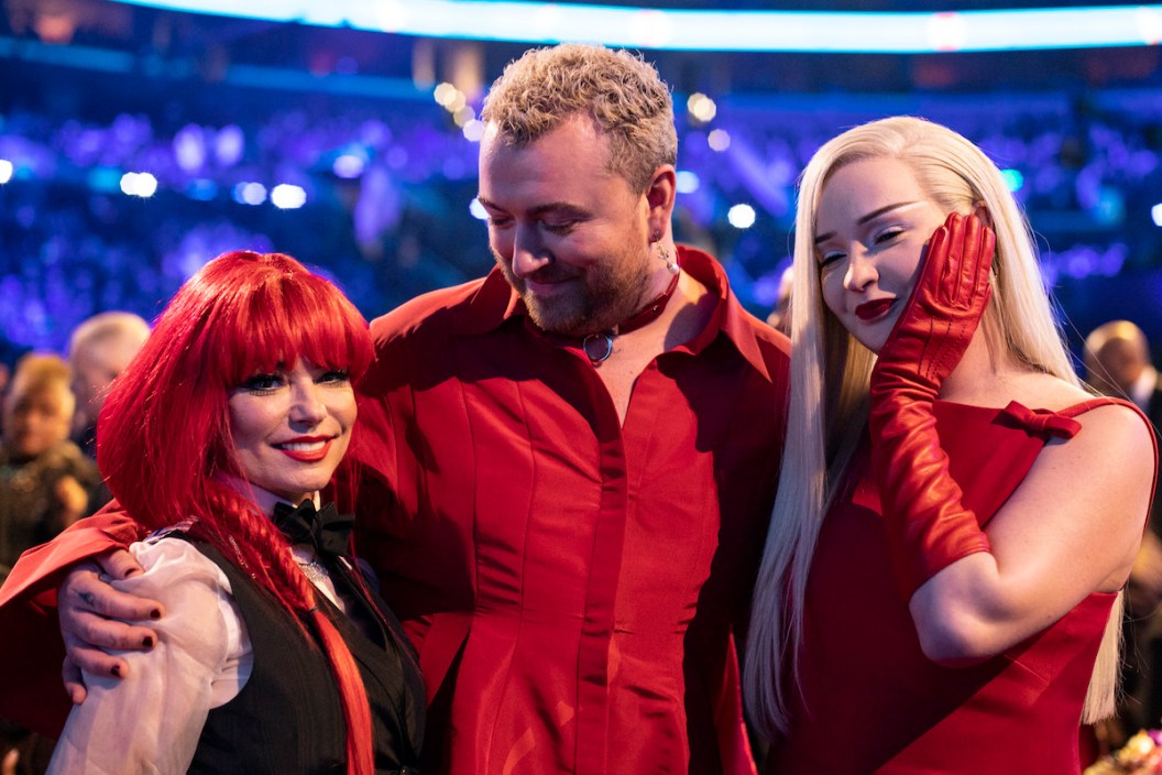 LOS ANGELES, CALIFORNIA - FEBRUARY 05: (L-R) Shania Twain, Sam Smith and Kim Petras seen during the 65th GRAMMY Awards at Crypto.com Arena on February 05, 2023 in Los Angeles, California.