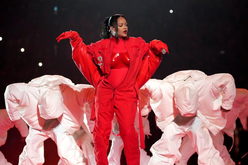 GLENDALE, ARIZONA - FEBRUARY 12: Rihanna performs during Apple Music Super Bowl LVII Halftime Show at State Farm Stadium on February 12, 2023 in Glendale, Arizona.