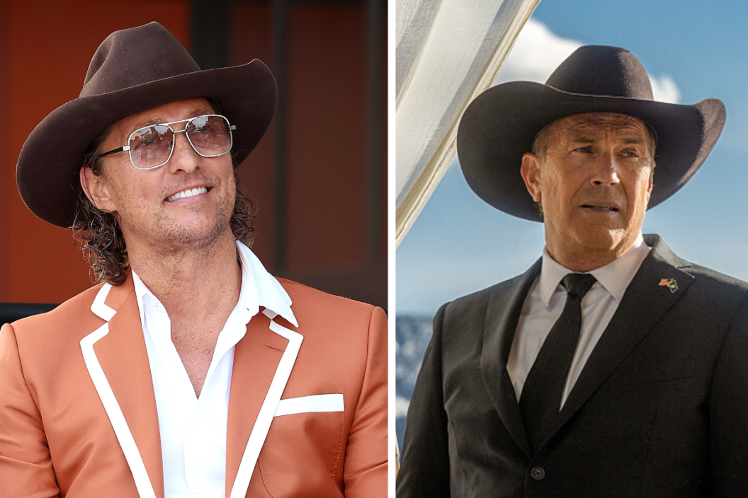 University of Texas Minister of Culture Matthew McConaughey attends the ribbon cutting ceremony for University of Texas at Austin's new multi purpose arena at Moody Center on April 19, 2022 in Austin, Texas. / Kevin Costner as John Dutton in "Yellowstone"
