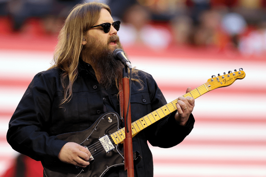 Chris Stapleton performs the national anthem before Super Bowl LVII between the Kansas City Chiefs and the Philadelphia Eagles at State Farm Stadium on February 12, 2023 in Glendale, Arizona. (Photo by Gregory Shamus/Getty Images)