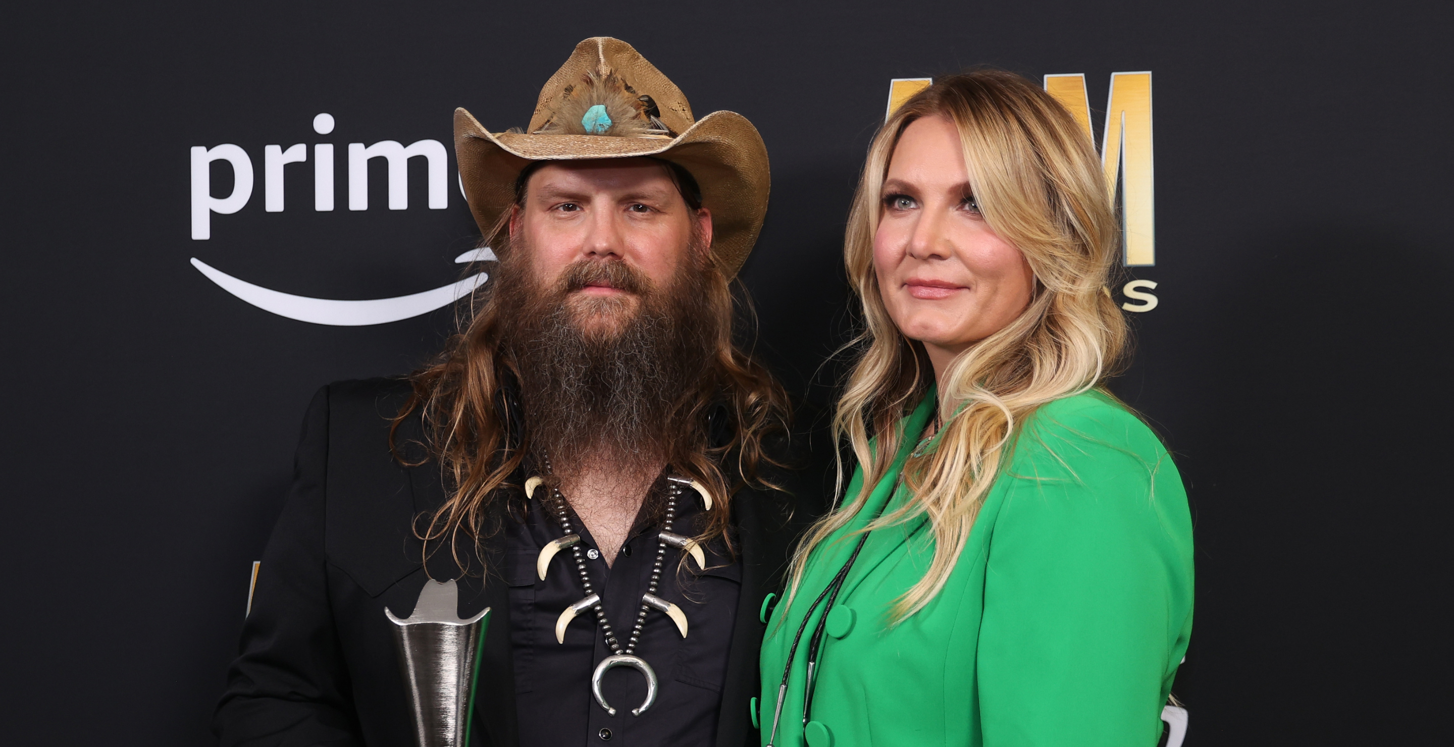 (L-R) Chris Stapleton, winner of the Entertainer of the Year award, and Morgane Stapleton pose in the press room during the 58th Academy Of Country Music Awards at The Ford Center at The Star on May 11, 2023 in Frisco, Texas. (Photo by Omar Vega/FilmMagic)