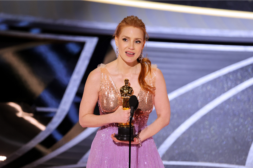 Jessica Chastain accepting the award for Best Actress in a Leading Role at the 2022 Oscars. (Neilson Barnard/Getty Images)