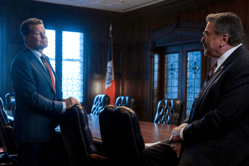 Dylan Walsh as Mayor Chase and Tom Selleck as Frank Reagan in "Blue Bloods" Season 14, Episode 1.