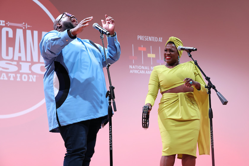 NASHVILLE, TENNESSEE - MAY 16: Michael Trotter Jr. and Tanya Trotter of The War and Treaty perform at the 2022 Americana Honors & Awards Nominations Ceremony at The National Museum of African American Music on May 16, 2022 in Nashville, Tennessee.