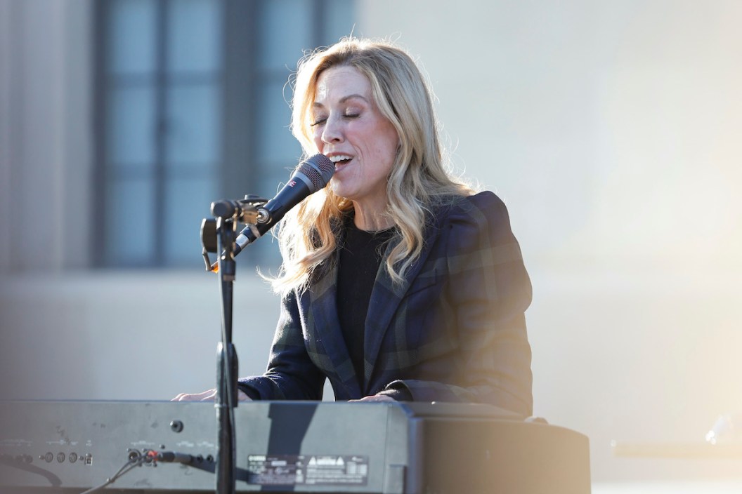 NASHVILLE, TENNESSEE - MARCH 29: Singer & songwriter Sheryl Crow performs at a candlelight vigil to mourn and honor the lives of the victims, survivors and families of The Covenant School on March 29, 2023 in Nashville, Tennessee.