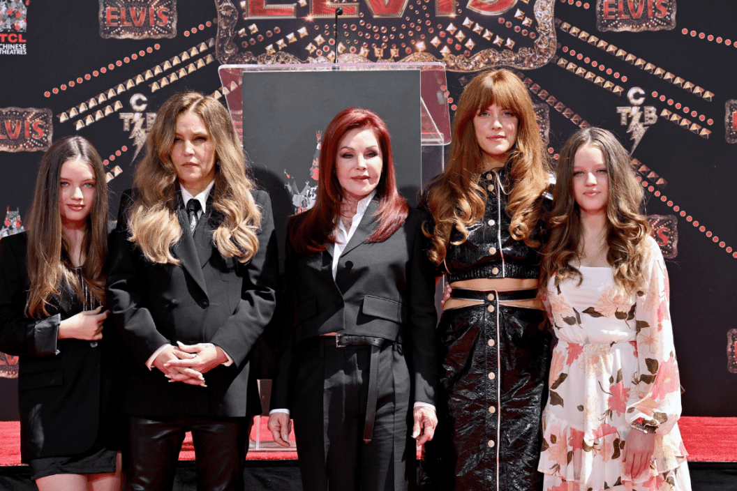 L-R) Harper Vivienne Ann Lockwood, Lisa Marie Presley, Priscilla Presley, Riley Keough, and Finley Aaron Love Lockwood attend the Handprint Ceremony honoring Three Generations of Presley's at TCL Chinese Theatre on June 21, 2022 in Hollywood, California.