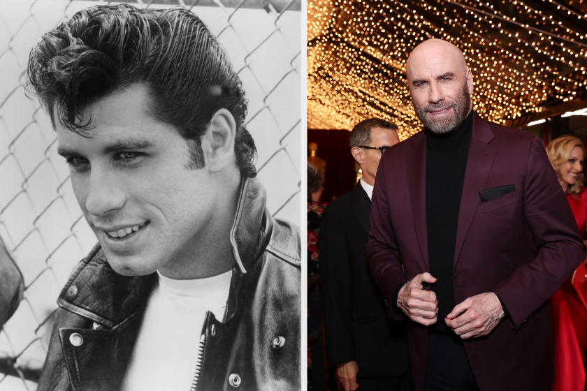 John Travolta leaning against the fence in a scene from the film 'Grease', 1978 / ohn Travolta attends the Governors Ball during the 94th Annual Academy Awards at Dolby Theatre on March 27, 2022 in Hollywood, California