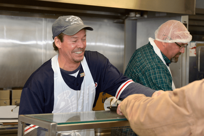 "Patriots Day" cast member Arthur Wahlberg (Uncle Archie) gives back for "One Boston Day" by serving lunch at the New England Center for Homeless Veterans on April 15, 2016 in Boston, Massachusetts