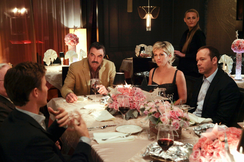 Jamie (Will Estes), Frank (Tom Selleck), Linda (Amy Carlson) and Danny (Donnie Wahlberg) celebrate Nicky's Sweet 16, on BLUE BLOODS