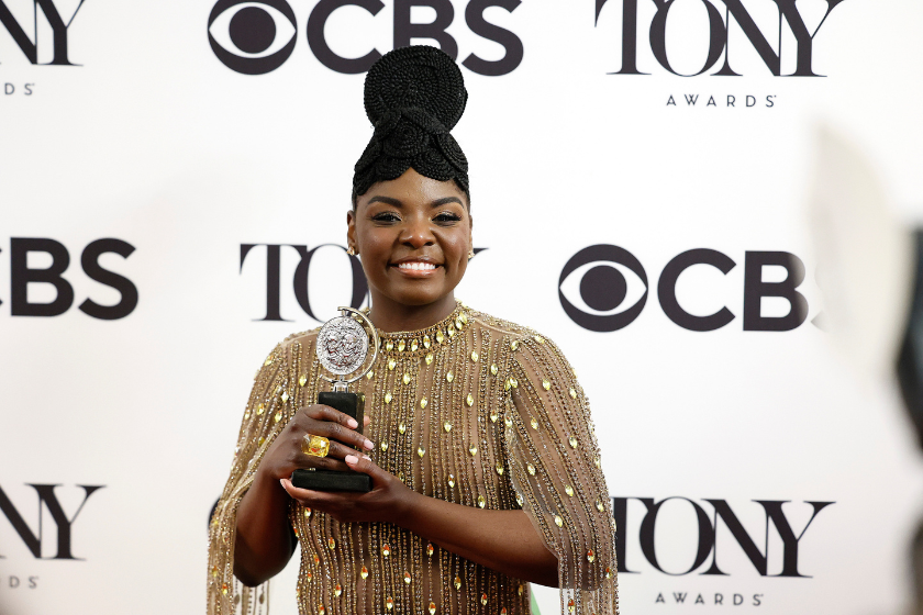 Joaquina Kalukango, winner of the award for Best Performance by an Actress in a Leading Role in a Musical for "Paradise Square," poses in the press room during the 75th Annual Tony Awards at 3 West Club on June 12, 2022 in New York City