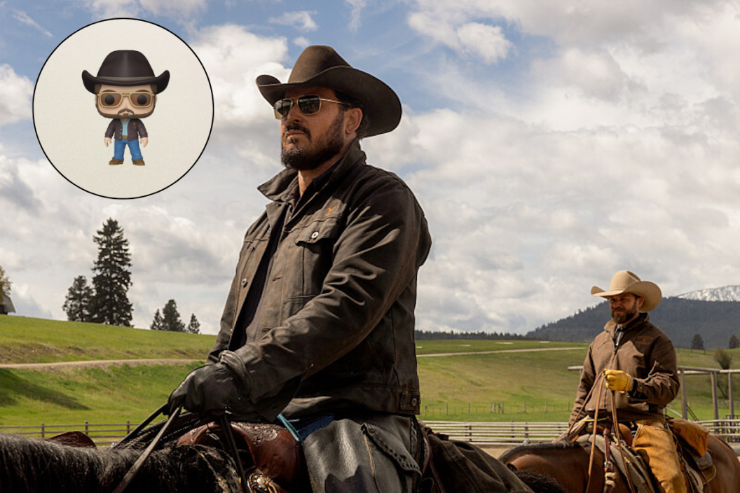 Screengrab of Rip Wheeler's Funko Pop figure and a 'Yellowstone' press shot featuring Cole Hauser