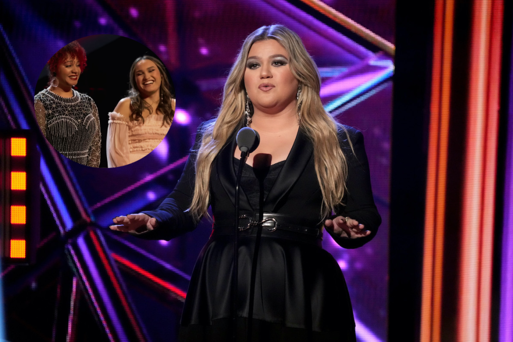 Kelly Clarkson performs at the 2023 iHeartRadio Music Awards at Dolby Theatre on March 27, 2023 in Hollywood, California and screengrab via YouTube of Cait Martin and Kala Banham