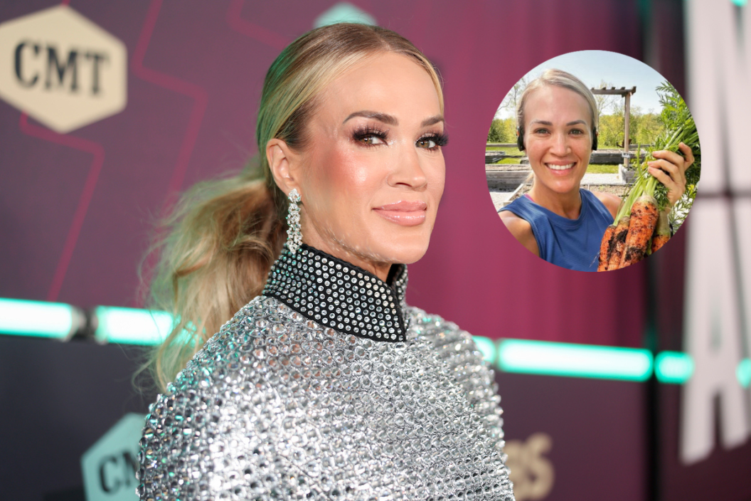 Carrie Underwood at the 2023 CMT Music Awards held at Moody Center on April 2, 2023 in Austin, Texas and screengrab of Underwood's carrot harvest