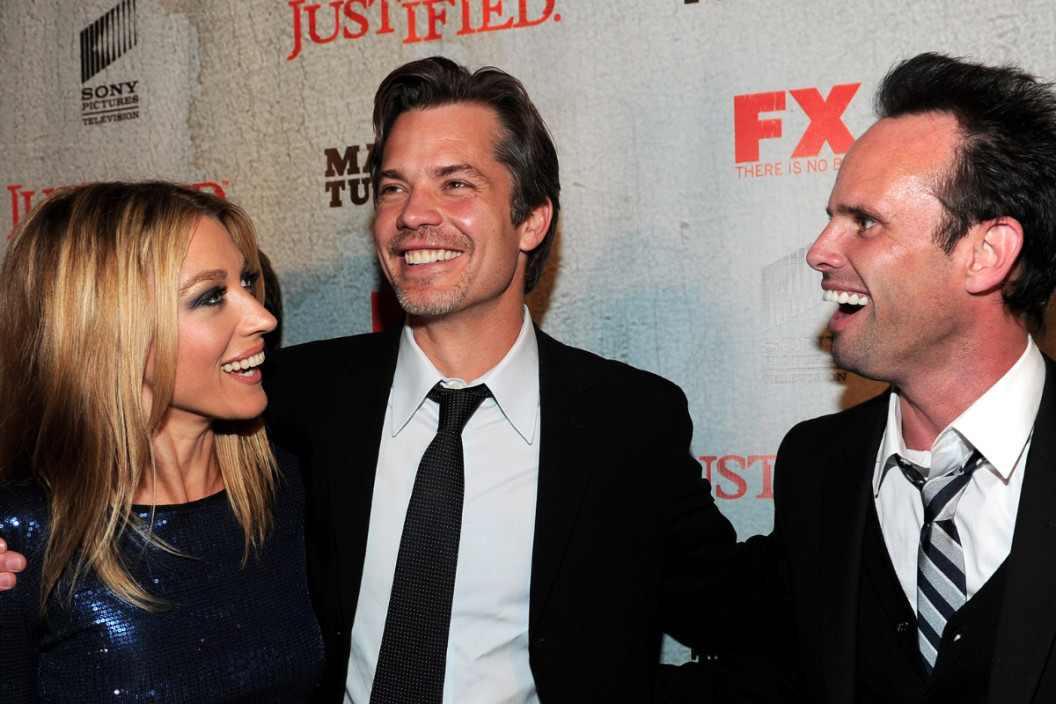 Actress Natalie Zea, actor Timothy Olyphant and actor Walton Goggins arrive at the premiere of FX Networks & Sony Pictures Television's "Justified" at the Director's Guild Theater on March 8, 2010 in Los Angeles, California.