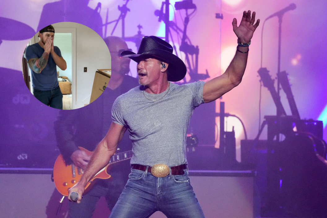 WANTAGH, NEW YORK - JUNE 03: Tim McGraw performs onstage at Northwell Health at Jones Beach Theater on June 03, 2022 in Wantagh, New York and screengrab of Brandon Davis' Instagram video