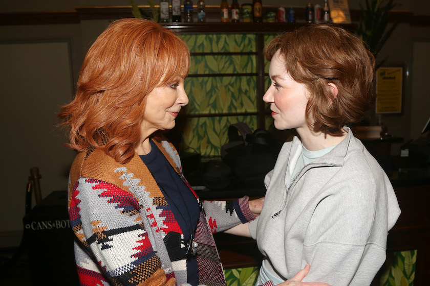 NEW YORK, NEW YORK - APRIL 16: (EXCLUSIVE COVERAGE) Reba McEntire and Caroline Innerbichler chat backstage at the new musical "Shucked" on Broadway at The Nederlander Theatre on April 16, 2023 in New York City. 
