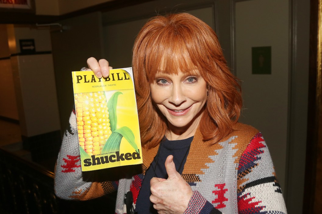NEW YORK, NEW YORK - APRIL 16: (EXCLUSIVE COVERAGE) Reba McEntire poses backstage at the new musical "Shucked" on Broadway at The Nederlander Theatre on April 16, 2023 in New York City.