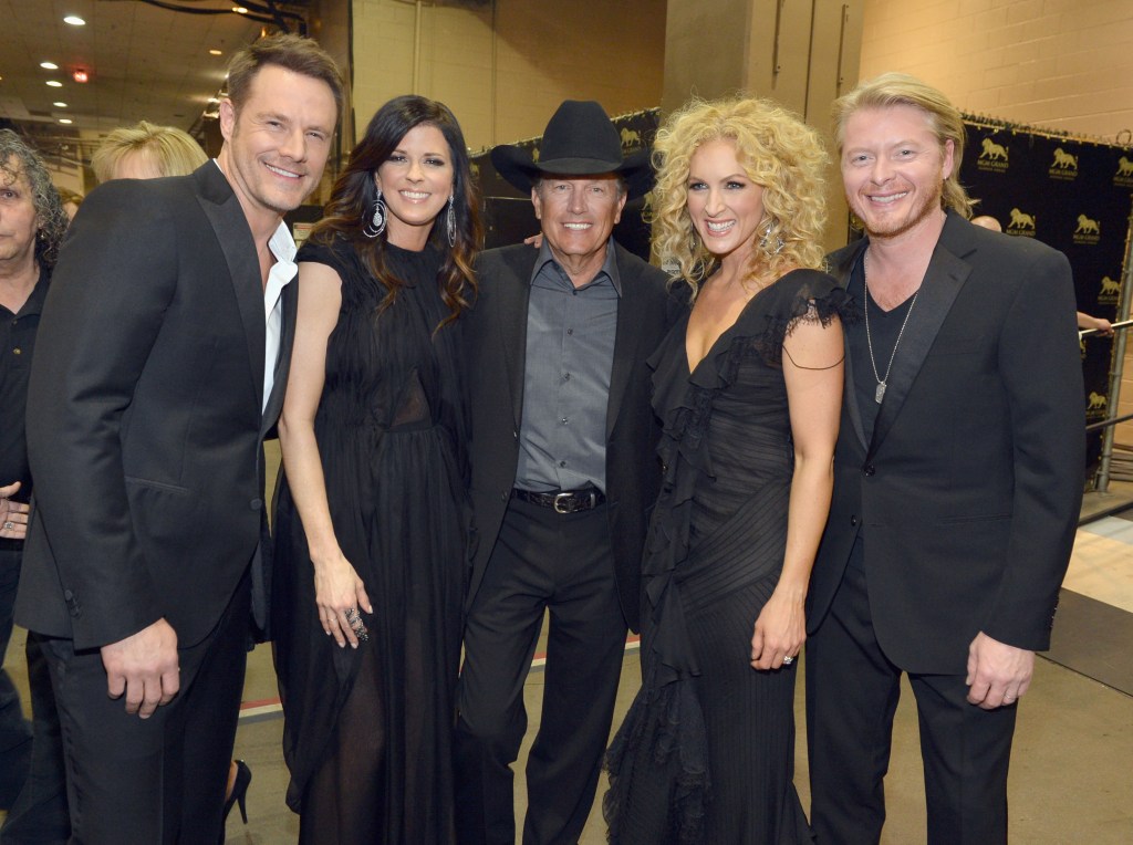 LAS VEGAS, NV - APRIL 07: (L-R) Musicians Jimi Westbrook and Karen Fairchild of Little Big Town, George Strait and Kimberly Schlapman and Phillip Sweet of Little Big Town attend the 48th Annual Academy of Country Music Awards at the MGM Grand Garden Arena on April 7, 2013 in Las Vegas, Nevada.