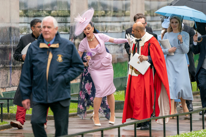Katy Perry leaves Westminster Abbey following the coronation ceremony of King Charles III