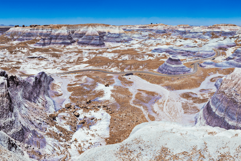 Panoramic shot of Blue Mesa in the Painted Desert at Petrified Forest National Park in Arizona, USA.
