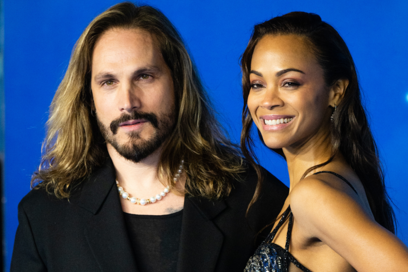 Zoe Saldana and Marco Perego attends the "Avatar: The Way Of Water" World Premiere at Odeon Luxe Leicester Square on December 06, 2022 in London, England