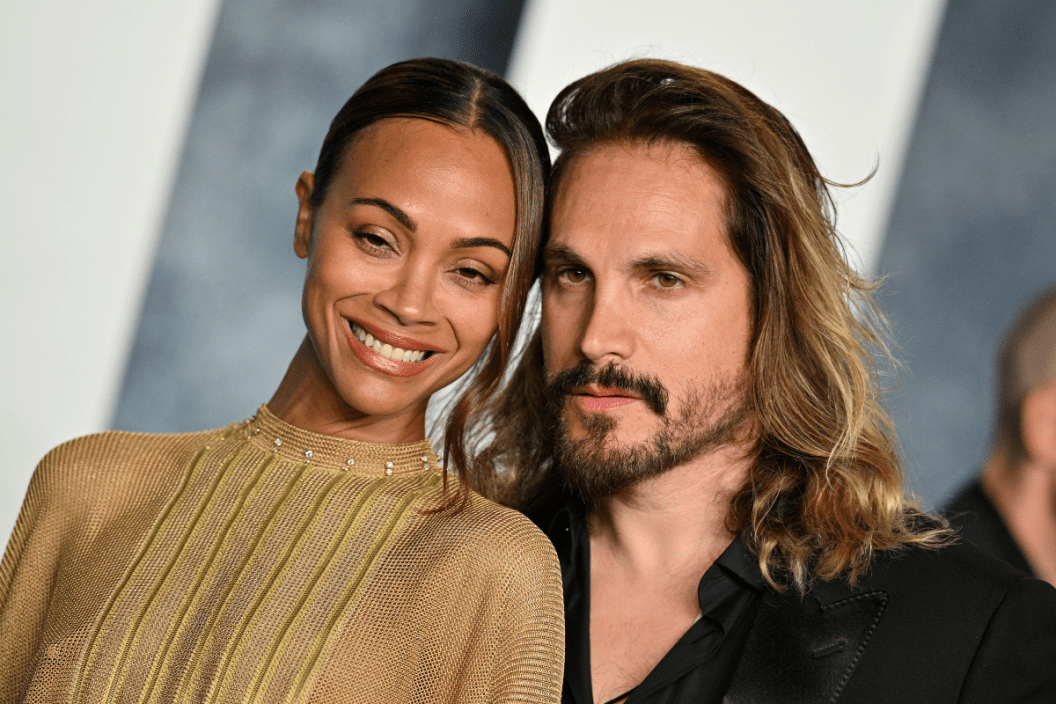 Zoe Saldana and Marco Perego attend the 2023 Vanity Fair Oscar Party Hosted By Radhika Jones at Wallis Annenberg Center for the Performing Arts on March 12, 2023 in Beverly Hills, California