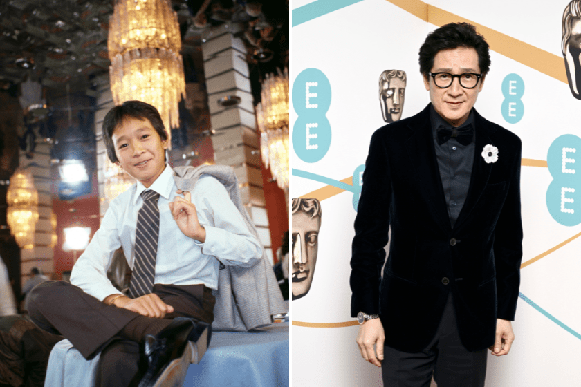 Vietnamese-born American actor Jonathan Ke Quan, poses whilst promoting his new film 'Indiana Jones and the Temple of Doom', ahead of the Royal European Charity Premiere in London, June 11, 1984 / Jonathan Ke Quan attends the EE BAFTA Film Awards 2023 at The Royal Festival Hall on February 19, 2023 in London, England