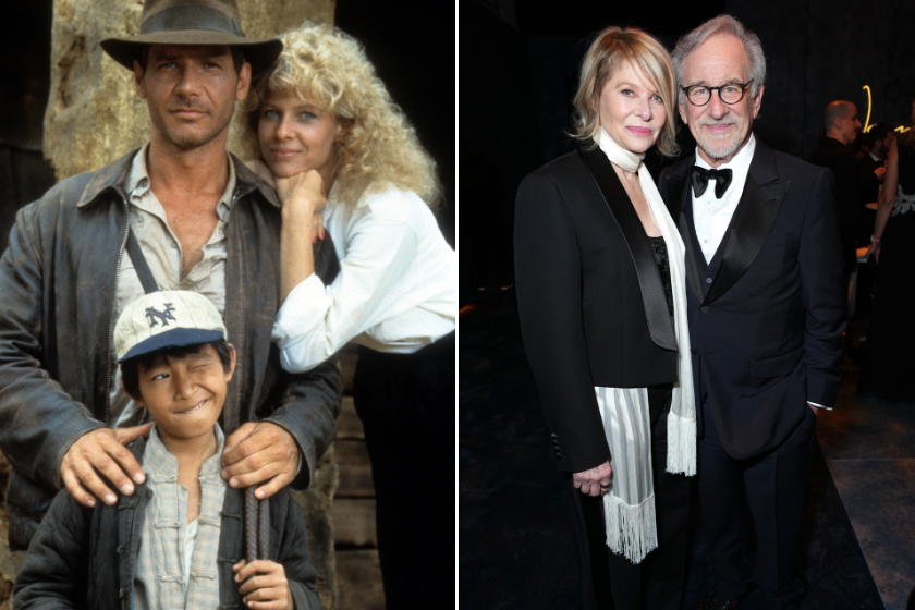 Harrison Ford, Jonathan Ke Quan and Kate Capshaw on set of the film 'Indiana Jones And The Temple Of Doom', 1984 / Kate Capshaw and Steven Spielberg attend the 2023 Vanity Fair Oscar Party Hosted By Radhika Jones at Wallis Annenberg Center for the Performing Arts on March 12, 2023 in Beverly Hills, California