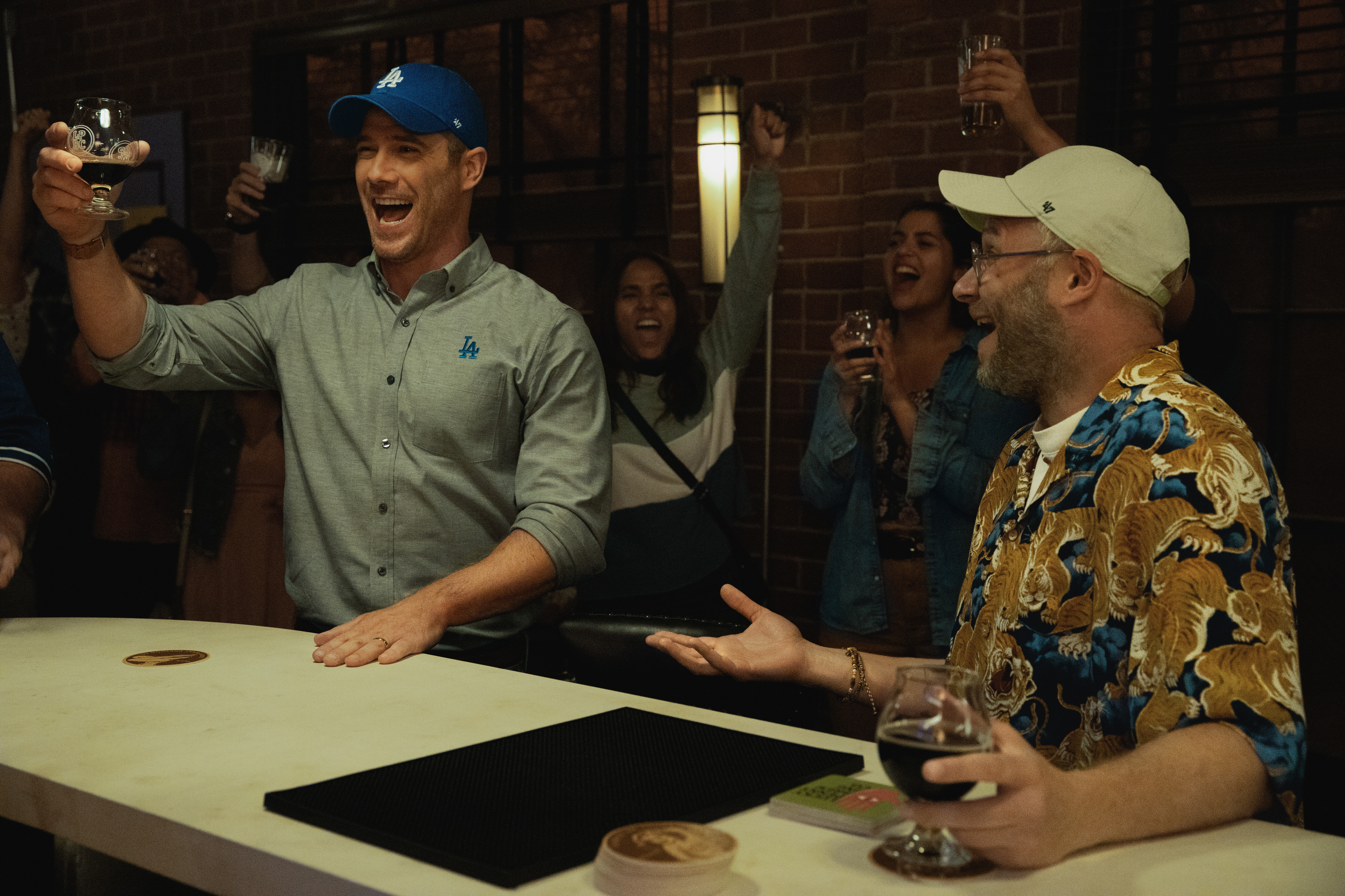 Luke Macfarlane and Seth Rogen in "Platonic," now streaming on Apple TV+.