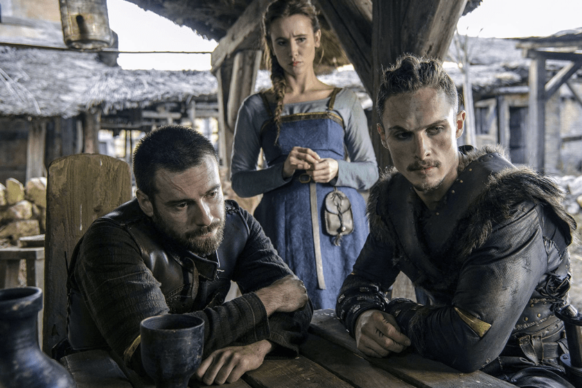 Peri Baumeister, Mark Rowley, and Arnas Fedaravicius in The Last Kingdom (2015)